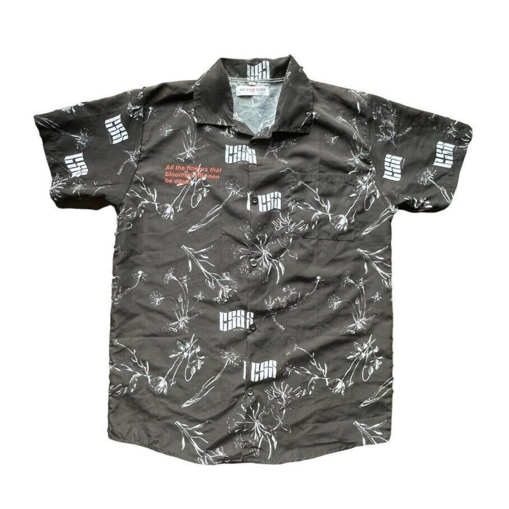 Get Some Sleep SS Button Up Shirt HUGE Logo Floral Print Black Medium Men